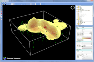 Isosurface, color-filled contours, and color-coded spheres representing measured values.