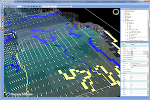 Model grid with rivers (blue), drains (yellow), flow vectors, and hydraulic head contours.