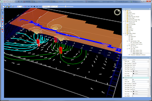 A model with river, pumping wells, pathlines, flow vectors, and groundwater table.